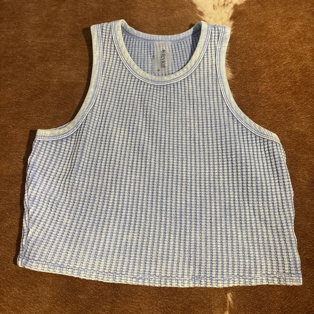 Blue and White Sleeveless Knit Top